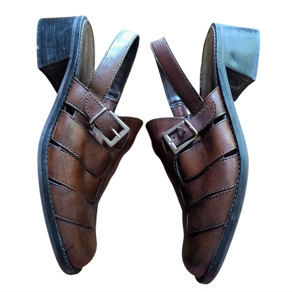 Nicole Pixie Fisherman Leather Sandals Vintage Block Heels Slingbacks Sz 10 - Picture 1 of 10